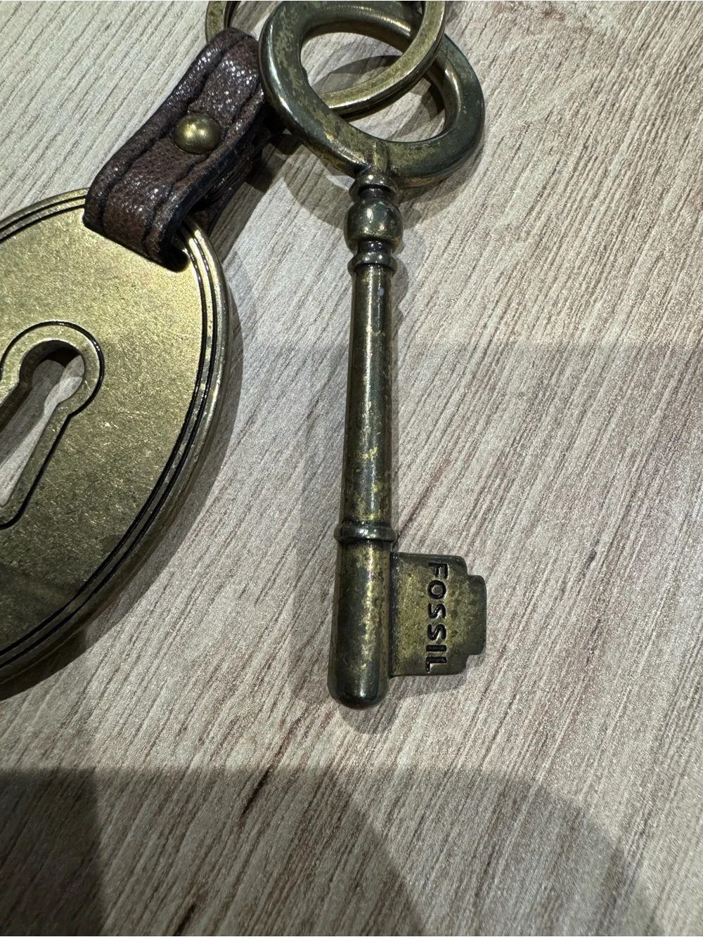 Fossil Brown Leather Key Fob with Brass Key & Lock Tag